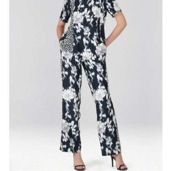 Natori Tie-Dye Floral Fluid Crepe Pull On Pants Black/White/Grey Sz XL Cocktail - Picture 3 of 16